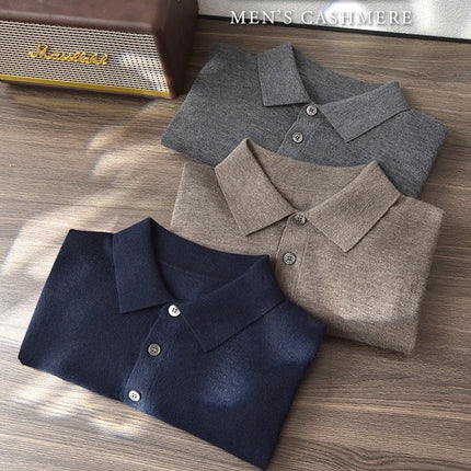 High quality 100% pure spun cashmere men's T-shirt casual solid color knitted pullover short sleeved POLO Neck Tees basic Tops