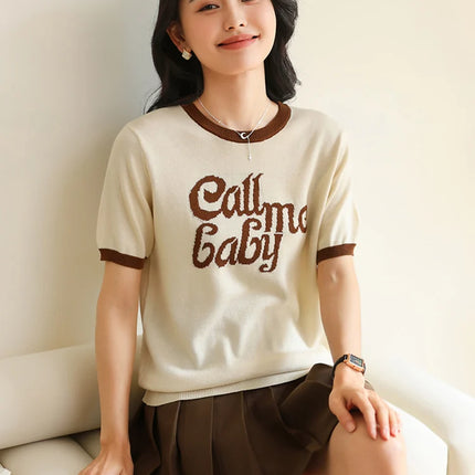 New women's short-sleeved 100% cotton knitted O-neck women's T-shirt Korean version fashionable hot selling top