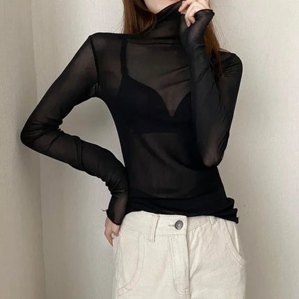 High Neck Sheer Mesh Top Women Clothing Long Sleeve Turtleneck T-shirt Korean Sexy See Through Black White Beige Shirt New