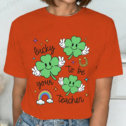 St Patrick's Day Teacher Shirt, Lucky Teacher Women's T-Shirts，Retro T-Shirts，unisex Tops Tees,short Sleeve Women's Clothing