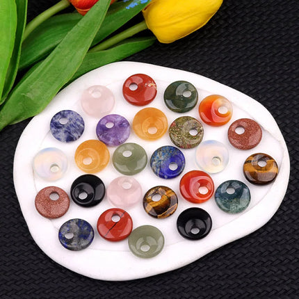 🔥RX8-1 Natural Stone Big Hole Beads Flat Round Pink Quartz Agate Jades Crystal Bead For DIY Lucky Jewelry Making