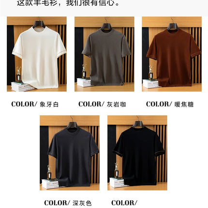 2026 Spring/Summer New Men's Short Sleeved 100% Wool T-Shirt Sweater O-neck Solid Color Loose Knit Pullover Business Casual Tops