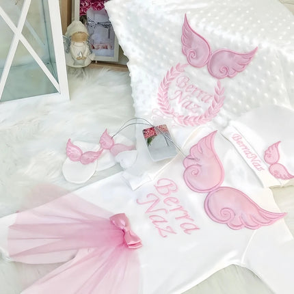 Dollbling Hospital Exit 5pcs Embroidery Name Newborn Angle Wings Romper Blanket  Nursery Bedding Swaddle Handmade Infant Outfit