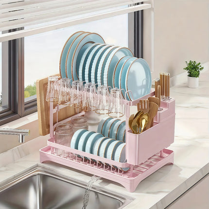 2-Tier Dish Drying Rack with Rotating Drain Spout, Rustproof Heavy-Duty Dish Rack with Utensil Holder, Space-Saving