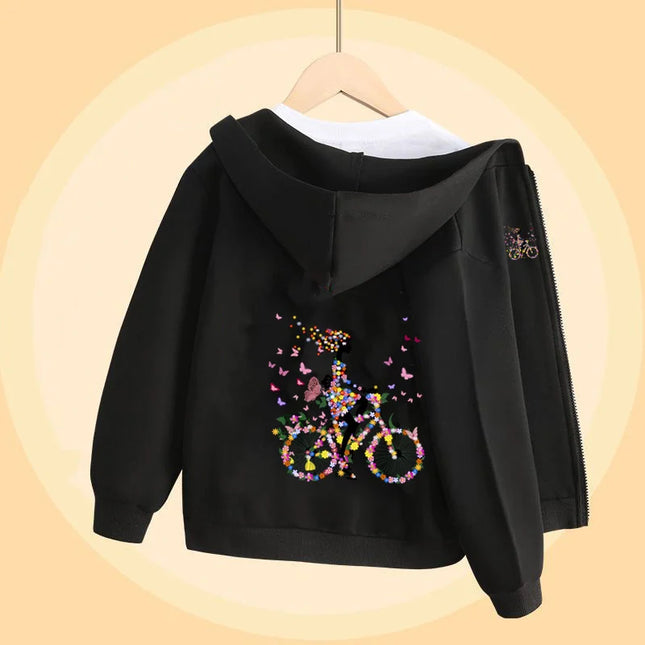 Butterfly Bike Cartoon Sweatshirt for Girls Autumn Long Sleeve Coats Girl Cotton Hoodie with Zipper 5-14T