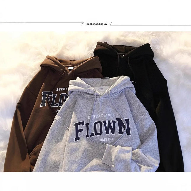 Thickened Fleece Hoodie Women's Autumn Winter American Retro Letter Loose BF Style Casual Jacket Comfortable Polyester Long S...