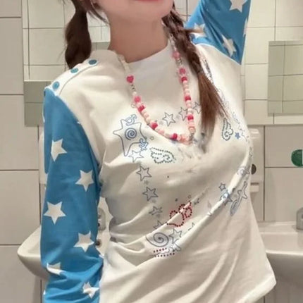 American Retro Star Print Long Sleeve Women's T-shirt Slim Fit Early Autumn New Style Design Sensation Shoulder Level Top