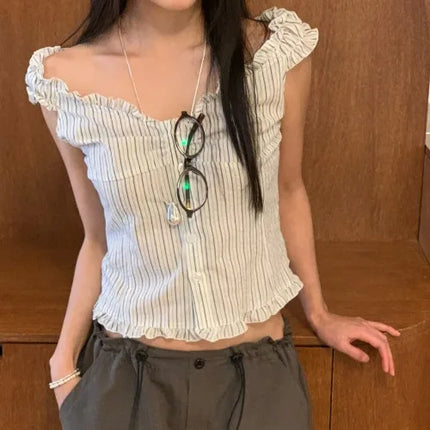 Korean Sle ort Striped Vest Women Summer Outerwear Subtle Design Single Button Lobone Trendy Age-Defng Top