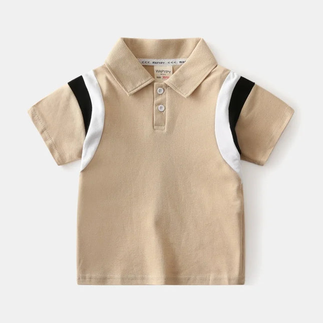 Korean children's summer polo shirt for boys, 2025 children's short sleeved T-shirt, baby color blocked fashionable lapel top