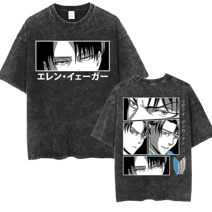 Anime Attack on Titan Vintage Washed Print T-shirt Mikasa Ackerman Eren Jaeger Wings of Freedom Logo Men's Summer Cotton T-shirts
