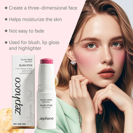 Portable Cream Blush Stick Soft Mist Finish Hydrating Long-Wear Blendable Smooth Lightweight On-the-Go Cheek Blush