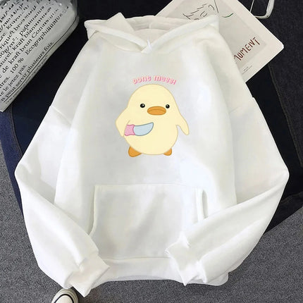Don‘t Mess Duck Holding Knife Kawaii Cartoon Print Woman Hoodies Sweatshirts Harajuku Female Long Sleeve Casual Streetwear