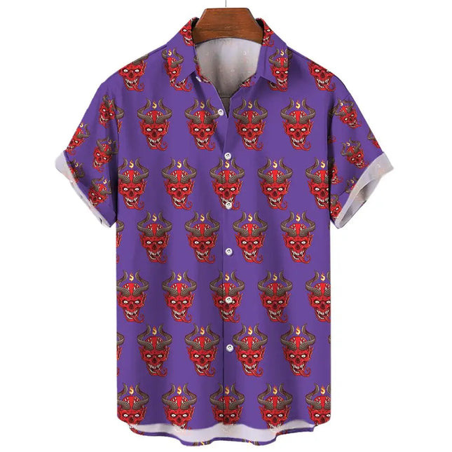 Devil Pattern Men's Shirts Oversized Shirt Loose Casual Double Patchwork Red Imp Party Festival Camisas Original