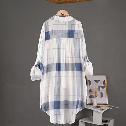 Plaid shirt midlength large size loose hip-covering sun shirt casual top long-sleeved shirt thin jacket plus size woman clothing
