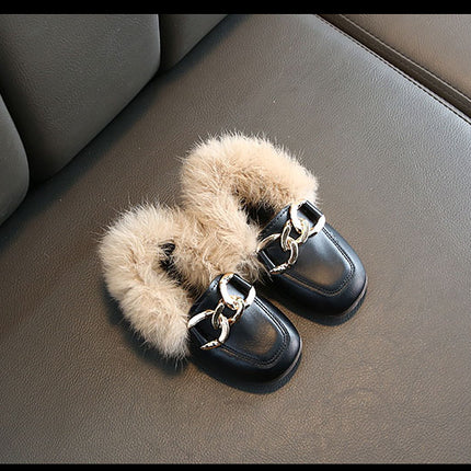 Kids Fur Shoes Children Velvet Shoes Baby Girls Warm Flats Toddler Black Brand Shoes Princess Loafer Chain Moccasin For Winter