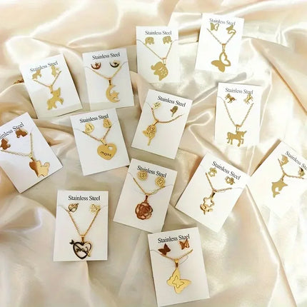 5/10/15/20Sets Fashion Butterfly Flowers Heart Stainless Steel Earrings and Necklace Set Mix Style Daily Trendy Jewelry Party