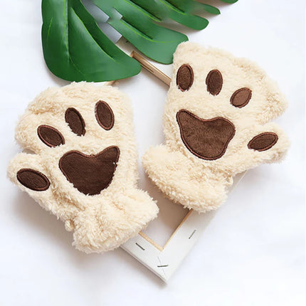 Lovely Plush Cat Claw Paw Gloves Plush Mittens Warm Soft Plush Short Fingerless Fluffy Bear Gloves Costume Half Finger Gloves