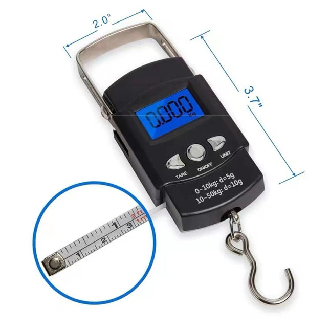 110lb/50kg Electronic Scale Blue Backlight LCD Display with Measuring Rule Tape Balance Digital Fishing Hanging Hook Scale Tool