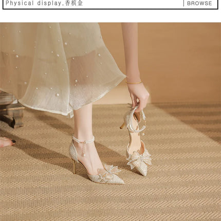 Spring Pointed Toe Party Wedding Shoes for Women, Bride Bow Thick Heel Silver Sequin Fairy Lolita Style Single Shoes