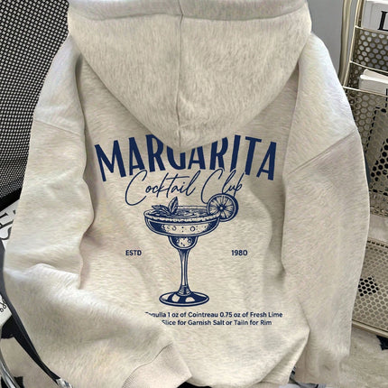 Womens Cotton Hoodie Light Color Loose Fit Autumn Winter Warmth Casual Streetwear Cocktail Glass with Lemon Slice Mint Leaves