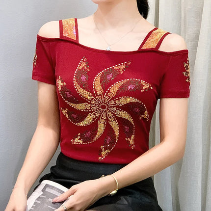 New Summer European Clothes Women's T-Shirts Luxury Butterfly Hot Diamonds Tees Sexy Streetwear Off-Shoulder Tops Shirt