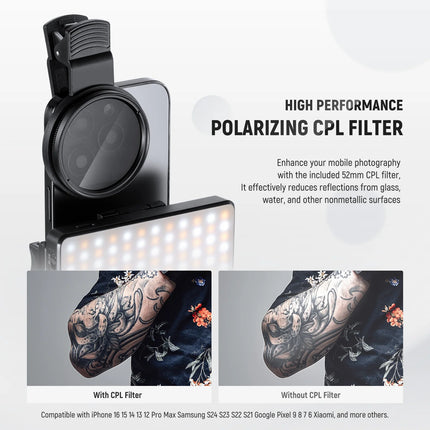 NEEWER LED Selfie & Tattoo Light Compatible with iPhone, Clip on CPL Filter/Tripod Stand/Phone Holder for Photography