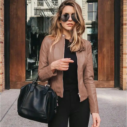 2025 Women Bike Coat PU Leather Outwear Zipper Outfit Autumn Winter Wome Fashion Short Thin Female Jacket