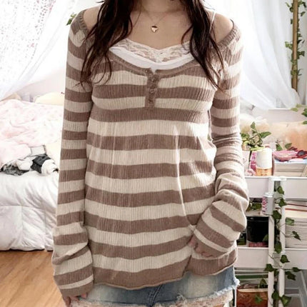 Fairy Grunge Sweater Pullovers Tops Women Y2K Stripped Babydoll Tops Vintage Long Sleeve Button Square Neck Knitted T-shirt