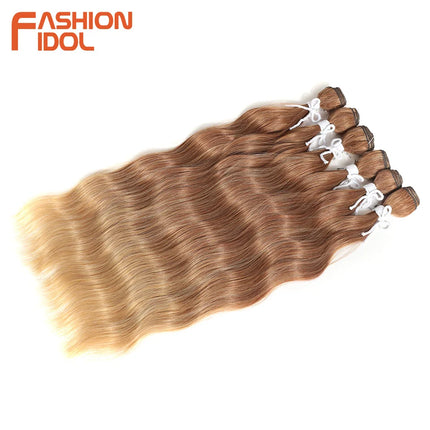 FASHION IDOL Water Wave Hair Bundles Synthetic Hair Extensions Ombre Blonde Brown Cosplay Weave Hair Bundles 20 inch 6Pcs Hair