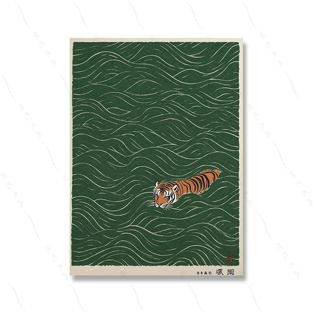 Japanese Tiger Swimming Print Vintage Ukiyo-e Style Wall Art Minimalist Animal Poster Asian Inspired Tiger Decor Painting