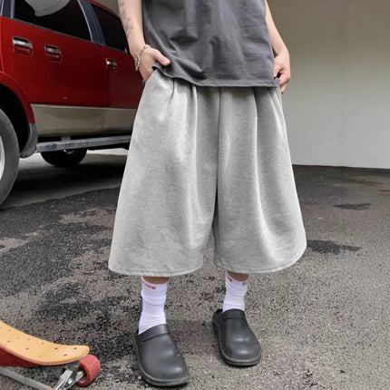 Men Solid Color Casual Capri Shorts Loose Wide Leg Baggy Mid Length Streetwear Daily Sports Pants