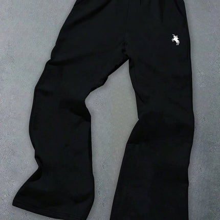 Men's American-Style High-Street Print Black Slightly Flared Sweatpants: Loose-Fitting, Drapey, Wide-Leg Casual Athletic Pants