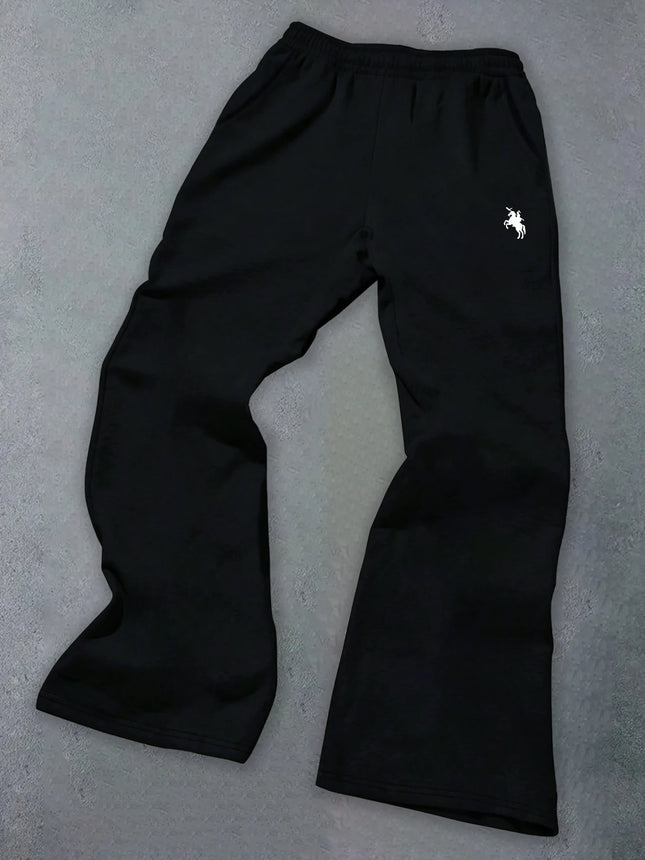 Men's American-Style High-Street Print Black Slightly Flared Sweatpants: Loose-Fitting, Drapey, Wide-Leg Casual Athletic Pants