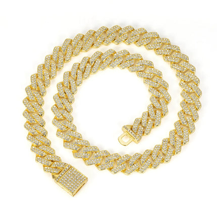 Hip Hop Shiny 15MM Cuban Link Chain Necklace Women Men Silver Color Rhinestone Iced Out Cuban Chain Punk Jewelry Necklace Gift