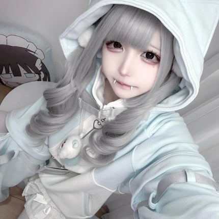 Y2k Subculture Long Sleeve Hoodie Women Casual Sweet Cat Ears Sweatshirt Patchwork Solid Kawaii Zipper Punk Style 2025 Autumn