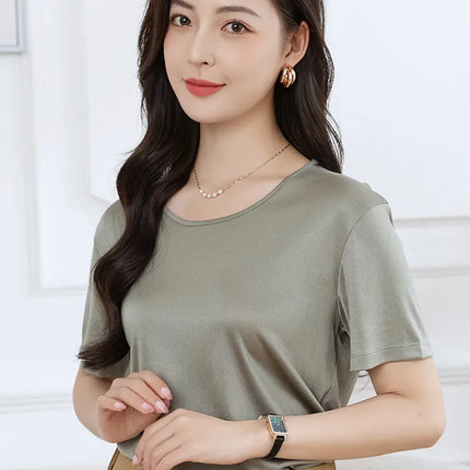 Summer High-End Women's Short Sleeve T-Shirt Acetate Fabric Knitted European Style Thin Hot Selling Top for Ladies