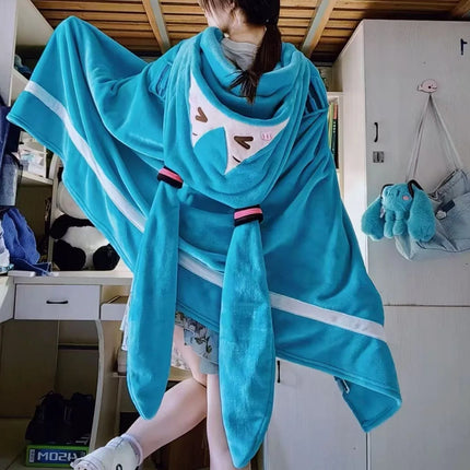 160x100cm Kawaii Hatsune Miku Multifunction Hooded Air Conditioning Blanket Soft And Warm Siesta Shawl Miku Flannel Cloak Gifts