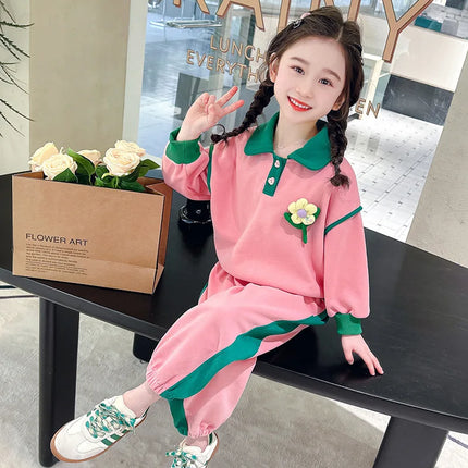 Spring Set Children's Sportswear Suit Girls Flower Top Pants 2 Piece Autumn Lapel Long Sleeve Sweatshirt Outfit Kids Clothing