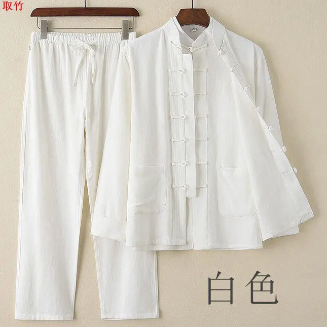 Men's Spring Summer Chinese Style Cotton Linen Long Sleeve Two-Piece Set Traditional Clothing Loose Fit Square Collar Shirt