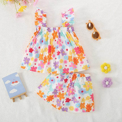 2 Pieces Set Summer Baby Girl Clothes Set Colorful Flower Printed Top with Shorts Baby Girl Korean Outfit