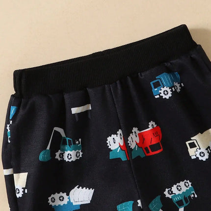 Baby autumn cartoon style two-piece set with engineering car printing and velvet hoodie pants for casual occasions