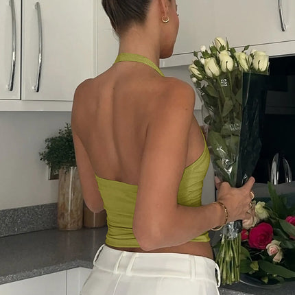 Hugcitar 2025 Summer Ribbed Halter Backless Solid Sexy Crop Tank Top Casual Y2K Women Clothes Beach Vacation Streetwear Yoga