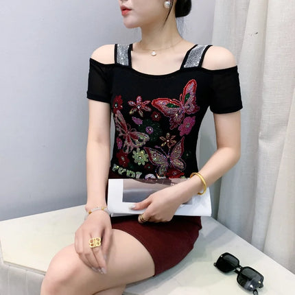 Summer Streetwear Fashion Women's T-shirt Luxury Design Butterfly Hot Diamonds Tee Sexy Off Shoulder Girls Tops European Clothes