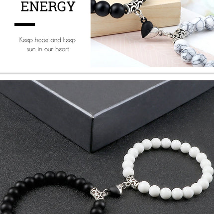 2Pcs/Set Sliver Black Color Magnet Pendant Bracelets 6MM 8MM White Porcelain Black Line Beads Couple Bracelet Jewelry Gift New