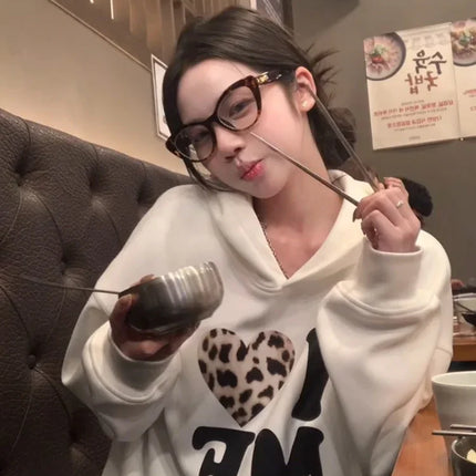 Korean Series Chic Leopard Print Letters Hood White Hoodie Women Autumn and Winter Fleece-lined Thickened Loose Pullover