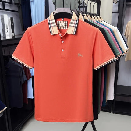 High-end luxury brand men's short-sleeve polo shirt, summer breathable cotton plaid lapel top, fashion embroidered casual T-shirt