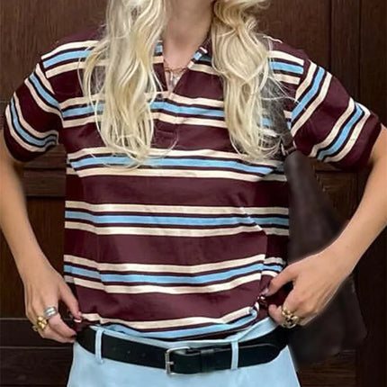 Women Summer Basic T-Shirt Casual Striped Print Lapel Short Sleeve Tops For Streetwear Aesthetic Grunge Clothes Hot Sale S-XL