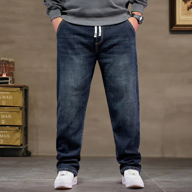 Extra Big Size Jeans Men High Elastic Waist Baggy Denim Pant Male Plus Large Loose Slim Fit Cowboy Trouser 8XL 6XL Classic Black
