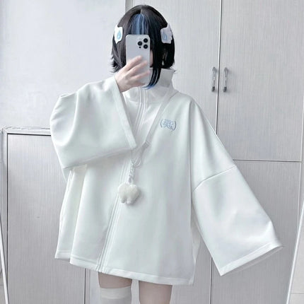Japanese Casual Solid Hoodies Women Loose Y2k Aesthetic Oversized Embroidery Coats Harajuku Zipper Grunge Sweatshirts