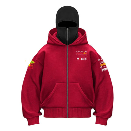 Red Bull Men's Zippered Hooded Sweatshirt Warmth and Casual Sports Wear with Zipper Face Mask Design Sports Jacket Racing Suit